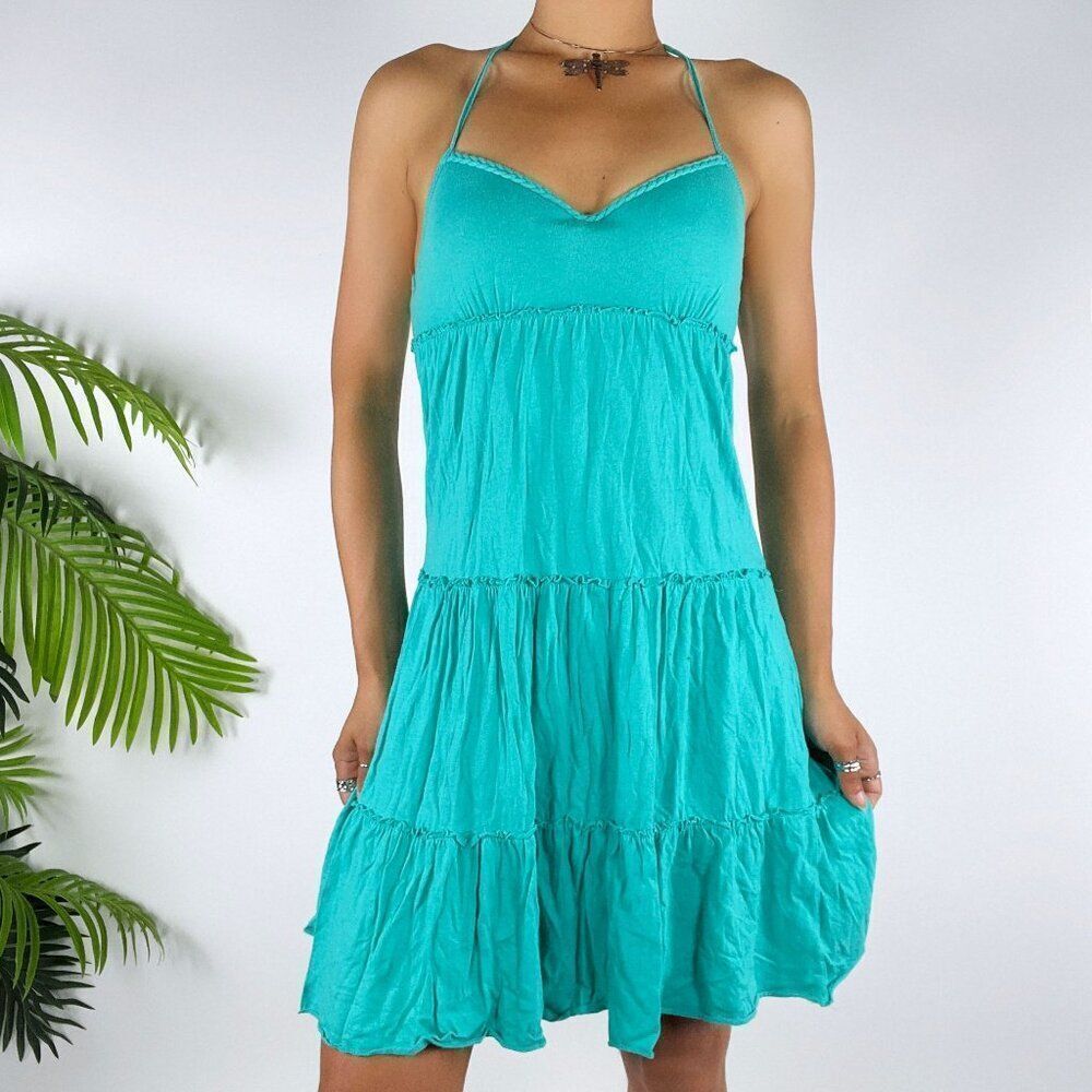 Vintage Y2K L.E.I Blue Boho Fairycore Beachy Casual Babydoll Halter Mini Dress S